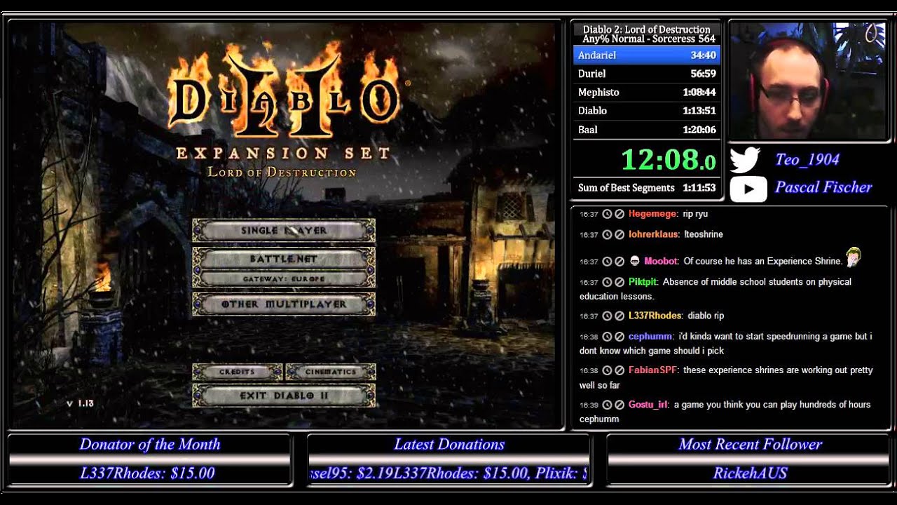 Diablo 2 LoD any% Normal RTA Softcore Speedrun Sorceress 1:19:09 [PB]